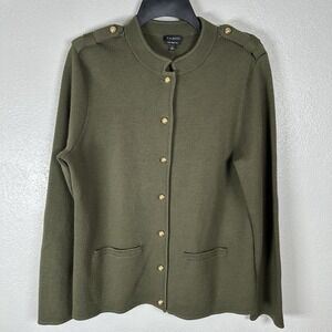 Talbots Merino Wool Military Cardigan Sweater Jacket Sz Large Olive Gold Button